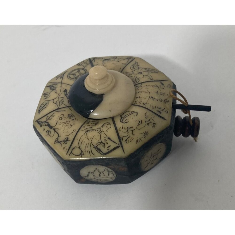 Vintage Handmade Chinese Snuff Incense Opium Trinket Box Carved Wood‎ Bone  2.5"